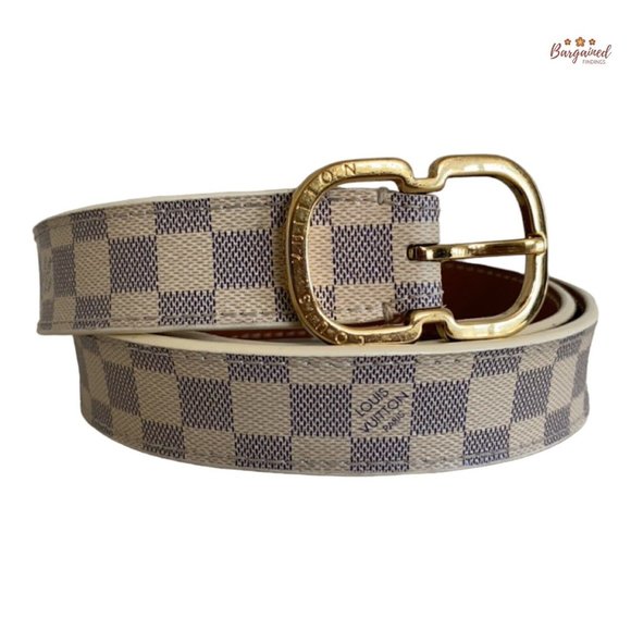 Authentic Louis Vuitton Damier Azur Leather Slim Gold Butterfly Buckle Belt 34 - Picture 1 of 13